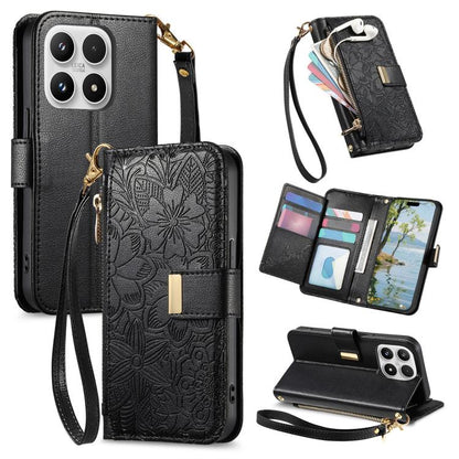 Flowers Leaves Zipper Wallet Leather Phone Case with Strap, For Xiaomi Poco X8 Pro Max 5G, For Xiaomi Poco X8 Pro 5G, For Redmi Turbo 5 Max 5G, For Redmi Turbo 5 5G, For Xiaomi 17 Pro Max, For Xiaomi 17 Pro, For Xiaomi 17, For Xiaomi Poco M7 4G 169mm  ...