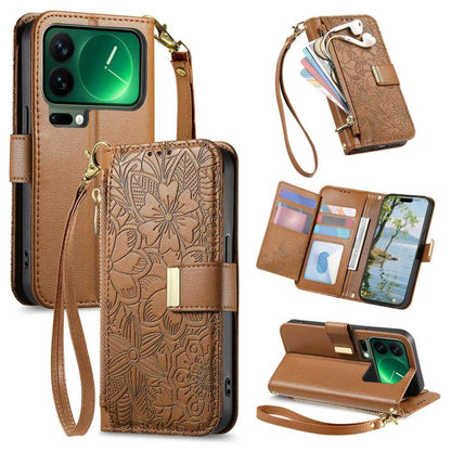 Flowers Leaves Zipper Wallet Leather Phone Case with Strap, For Xiaomi Poco X8 Pro Max 5G, For Xiaomi Poco X8 Pro 5G, For Redmi Turbo 5 Max 5G, For Redmi Turbo 5 5G, For Xiaomi 17 Pro Max, For Xiaomi 17 Pro, For Xiaomi 17, For Xiaomi Poco M7 4G 169mm  ...