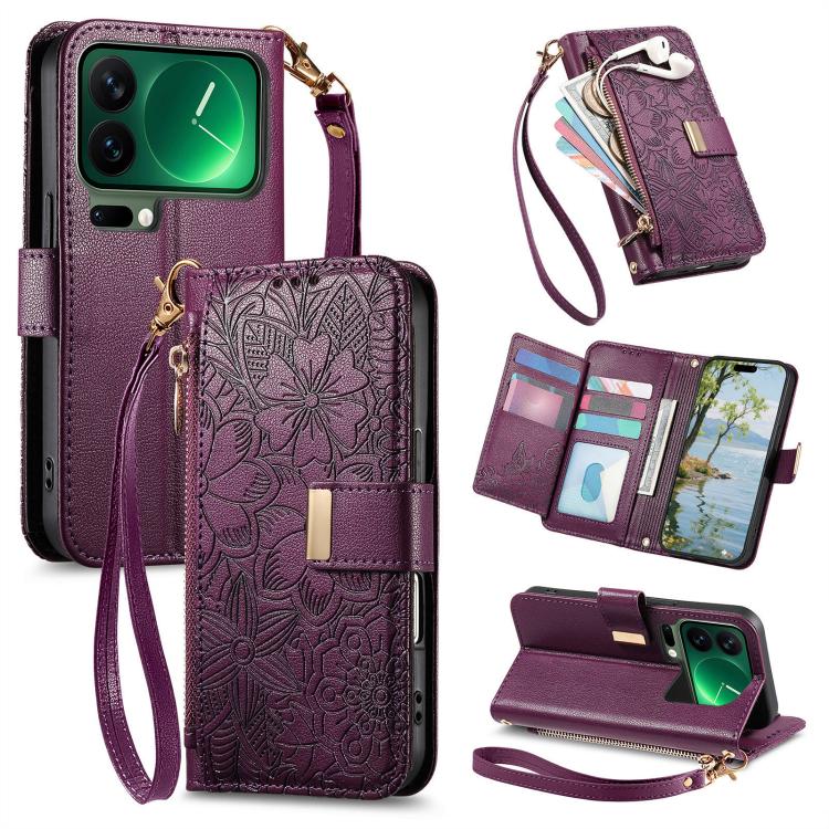 Flowers Leaves Zipper Wallet Leather Phone Case with Strap, For Xiaomi Poco X8 Pro Max 5G, For Xiaomi Poco X8 Pro 5G, For Redmi Turbo 5 Max 5G, For Redmi Turbo 5 5G, For Xiaomi 17 Pro Max, For Xiaomi 17 Pro, For Xiaomi 17, For Xiaomi Poco M7 4G 169mm  ...