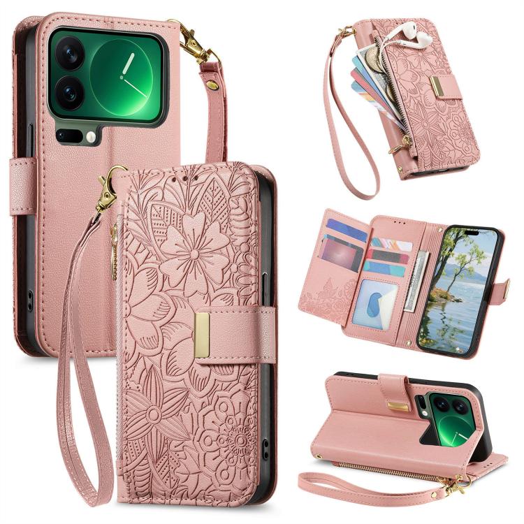 Flowers Leaves Zipper Wallet Leather Phone Case with Strap, For Xiaomi Poco X8 Pro Max 5G, For Xiaomi Poco X8 Pro 5G, For Redmi Turbo 5 Max 5G, For Redmi Turbo 5 5G, For Xiaomi 17 Pro Max, For Xiaomi 17 Pro, For Xiaomi 17, For Xiaomi Poco M7 4G 169mm  ...