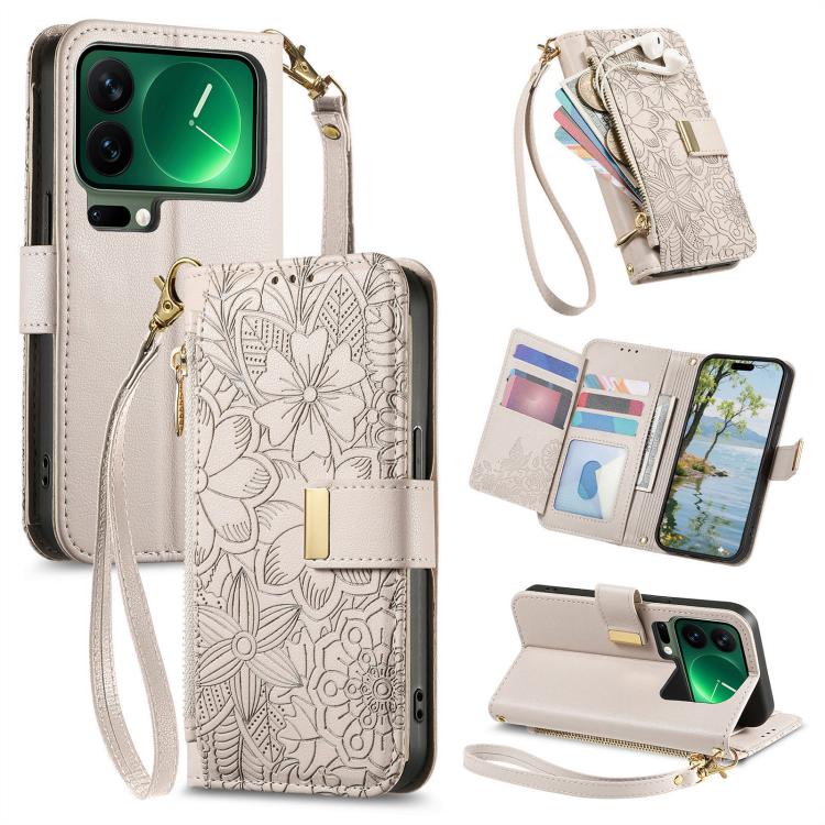 Flowers Leaves Zipper Wallet Leather Phone Case with Strap, For Xiaomi Poco X8 Pro Max 5G, For Xiaomi Poco X8 Pro 5G, For Redmi Turbo 5 Max 5G, For Redmi Turbo 5 5G, For Xiaomi 17 Pro Max, For Xiaomi 17 Pro, For Xiaomi 17, For Xiaomi Poco M7 4G 169mm  ...