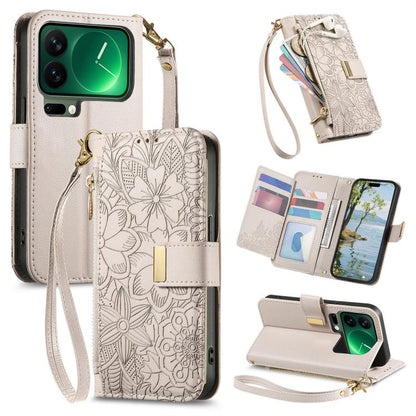 Flowers Leaves Zipper Wallet Leather Phone Case with Strap, For Xiaomi Poco X8 Pro Max 5G, For Xiaomi Poco X8 Pro 5G, For Redmi Turbo 5 Max 5G, For Redmi Turbo 5 5G, For Xiaomi 17 Pro Max, For Xiaomi 17 Pro, For Xiaomi 17, For Xiaomi Poco M7 4G 169mm  ...