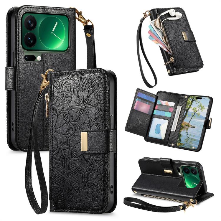 Flowers Leaves Zipper Wallet Leather Phone Case with Strap, For Xiaomi Poco X8 Pro Max 5G, For Xiaomi Poco X8 Pro 5G, For Redmi Turbo 5 Max 5G, For Redmi Turbo 5 5G, For Xiaomi 17 Pro Max, For Xiaomi 17 Pro, For Xiaomi 17, For Xiaomi Poco M7 4G 169mm  ...