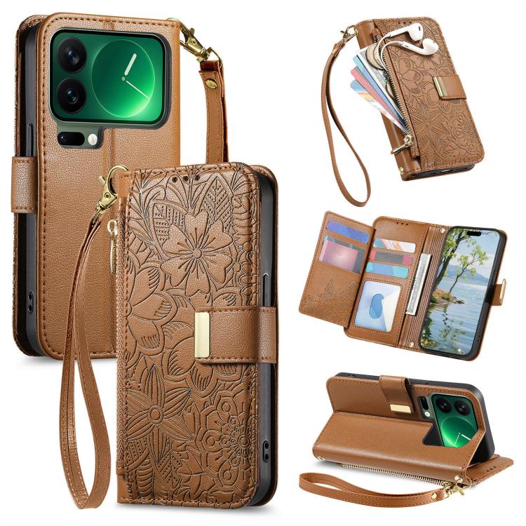 Flowers Leaves Zipper Wallet Leather Phone Case with Strap, For Xiaomi Poco X8 Pro Max 5G, For Xiaomi Poco X8 Pro 5G, For Redmi Turbo 5 Max 5G, For Redmi Turbo 5 5G, For Xiaomi 17 Pro Max, For Xiaomi 17 Pro, For Xiaomi 17, For Xiaomi Poco M7 4G 169mm  ...