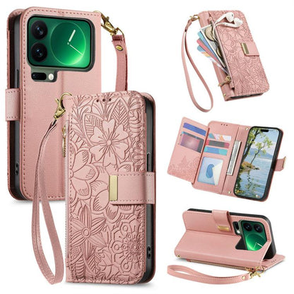 Flowers Leaves Zipper Wallet Leather Phone Case with Strap, For Xiaomi Poco X8 Pro Max 5G, For Xiaomi Poco X8 Pro 5G, For Redmi Turbo 5 Max 5G, For Redmi Turbo 5 5G, For Xiaomi 17 Pro Max, For Xiaomi 17 Pro, For Xiaomi 17, For Xiaomi Poco M7 4G 169mm  ...
