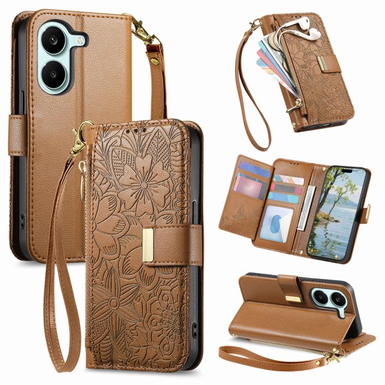 Flowers Leaves Zipper Wallet Leather Phone Case with Strap, For Xiaomi Poco X8 Pro Max 5G, For Xiaomi Poco X8 Pro 5G, For Redmi Turbo 5 Max 5G, For Redmi Turbo 5 5G, For Xiaomi 17 Pro Max, For Xiaomi 17 Pro, For Xiaomi 17, For Xiaomi Poco M7 4G 169mm  ...