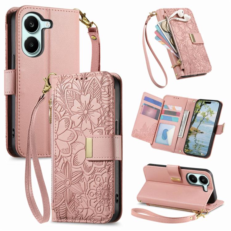 Flowers Leaves Zipper Wallet Leather Phone Case with Strap, For Xiaomi Poco X8 Pro Max 5G, For Xiaomi Poco X8 Pro 5G, For Redmi Turbo 5 Max 5G, For Redmi Turbo 5 5G, For Xiaomi 17 Pro Max, For Xiaomi 17 Pro, For Xiaomi 17, For Xiaomi Poco M7 4G 169mm  ...