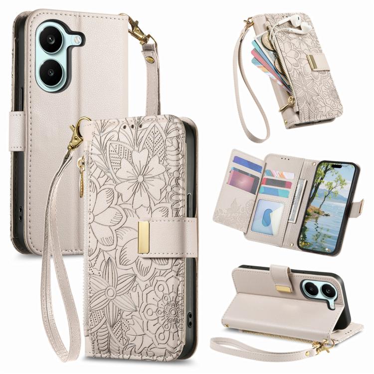 Flowers Leaves Zipper Wallet Leather Phone Case with Strap, For Xiaomi Poco X8 Pro Max 5G, For Xiaomi Poco X8 Pro 5G, For Redmi Turbo 5 Max 5G, For Redmi Turbo 5 5G, For Xiaomi 17 Pro Max, For Xiaomi 17 Pro, For Xiaomi 17, For Xiaomi Poco M7 4G 169mm  ...