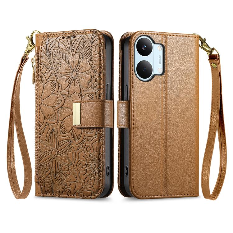 Flowers Leaves Zipper Wallet Leather Phone Case with Strap, For Xiaomi Poco X8 Pro Max 5G, For Xiaomi Poco X8 Pro 5G, For Redmi Turbo 5 Max 5G, For Redmi Turbo 5 5G, For Xiaomi 17 Pro Max, For Xiaomi 17 Pro, For Xiaomi 17, For Xiaomi Poco M7 4G 169mm  ...