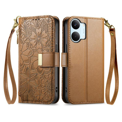Flowers Leaves Zipper Wallet Leather Phone Case with Strap, For Xiaomi Poco X8 Pro Max 5G, For Xiaomi Poco X8 Pro 5G, For Redmi Turbo 5 Max 5G, For Redmi Turbo 5 5G, For Xiaomi 17 Pro Max, For Xiaomi 17 Pro, For Xiaomi 17, For Xiaomi Poco M7 4G 169mm  ...
