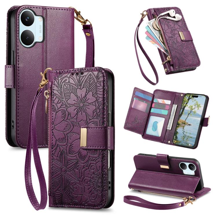 Flowers Leaves Zipper Wallet Leather Phone Case with Strap, For Xiaomi Poco X8 Pro Max 5G, For Xiaomi Poco X8 Pro 5G, For Redmi Turbo 5 Max 5G, For Redmi Turbo 5 5G, For Xiaomi 17 Pro Max, For Xiaomi 17 Pro, For Xiaomi 17, For Xiaomi Poco M7 4G 169mm  ...