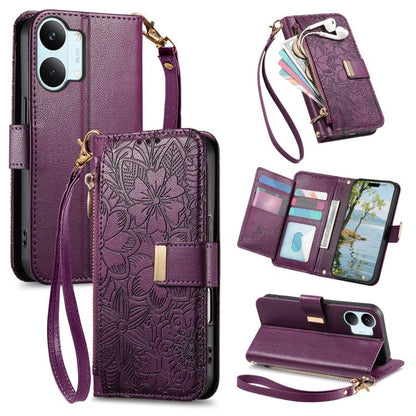 Flowers Leaves Zipper Wallet Leather Phone Case with Strap, For Xiaomi Poco X8 Pro Max 5G, For Xiaomi Poco X8 Pro 5G, For Redmi Turbo 5 Max 5G, For Redmi Turbo 5 5G, For Xiaomi 17 Pro Max, For Xiaomi 17 Pro, For Xiaomi 17, For Xiaomi Poco M7 4G 169mm  ...