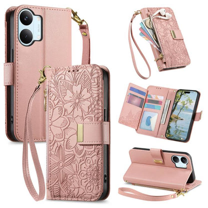 Flowers Leaves Zipper Wallet Leather Phone Case with Strap, For Xiaomi Poco X8 Pro Max 5G, For Xiaomi Poco X8 Pro 5G, For Redmi Turbo 5 Max 5G, For Redmi Turbo 5 5G, For Xiaomi 17 Pro Max, For Xiaomi 17 Pro, For Xiaomi 17, For Xiaomi Poco M7 4G 169mm  ...
