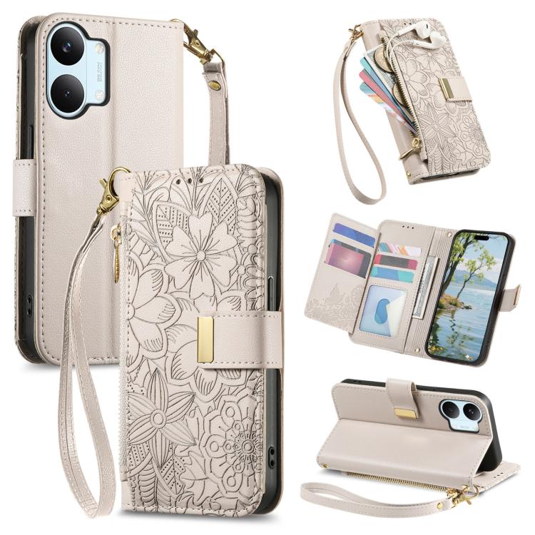 Flowers Leaves Zipper Wallet Leather Phone Case with Strap, For Xiaomi Poco X8 Pro Max 5G, For Xiaomi Poco X8 Pro 5G, For Redmi Turbo 5 Max 5G, For Redmi Turbo 5 5G, For Xiaomi 17 Pro Max, For Xiaomi 17 Pro, For Xiaomi 17, For Xiaomi Poco M7 4G 169mm  ...