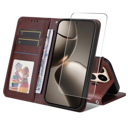 ENKAY Card Wallet Calf Texture Leather Phone Case with 0.18mm High Aluminum-silicon Glass Film, For Xiaomi 18 Pro Max 5G, For Xiaomi 18 Pro 5G, For Xiaomi 17T Pro, For Xiaomi 17T, For Xiaomi Poco X8 Pro Max 5G, For Xiaomi Poco X8 Pro 5G                ...
