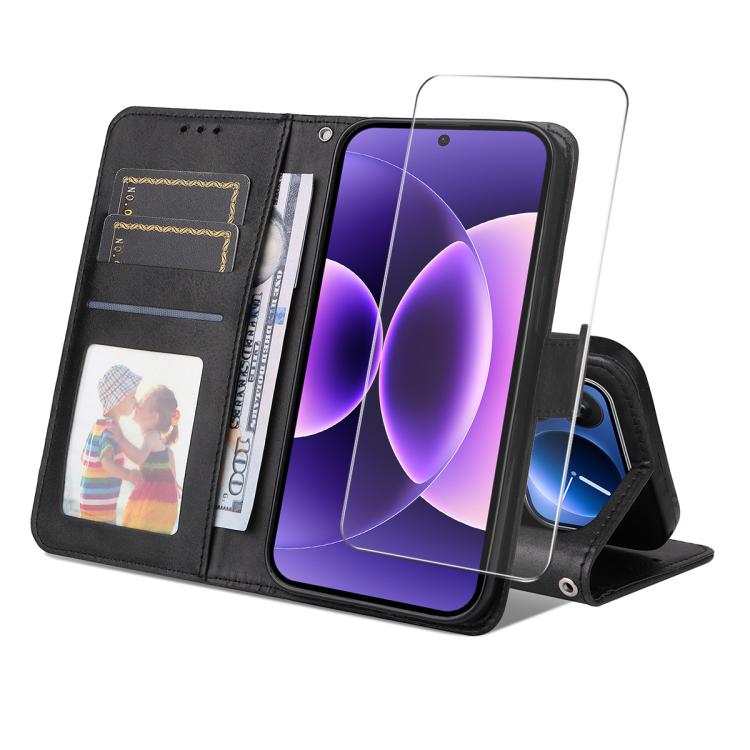 ENKAY Card Wallet Calf Texture Leather Phone Case with 0.18mm High Aluminum-silicon Glass Film, For Xiaomi 18 Pro Max 5G, For Xiaomi 18 Pro 5G, For Xiaomi 17T Pro, For Xiaomi 17T, For Xiaomi Poco X8 Pro Max 5G, For Xiaomi Poco X8 Pro 5G                ...