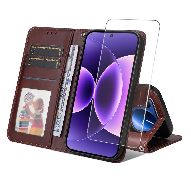 ENKAY Card Wallet Calf Texture Leather Phone Case with 0.18mm High Aluminum-silicon Glass Film, For Xiaomi 18 Pro Max 5G, For Xiaomi 18 Pro 5G, For Xiaomi 17T Pro, For Xiaomi 17T, For Xiaomi Poco X8 Pro Max 5G, For Xiaomi Poco X8 Pro 5G                ...