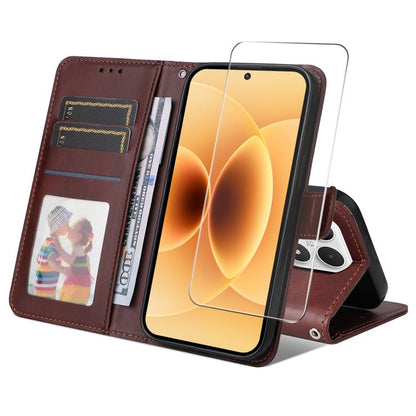 ENKAY Card Wallet Calf Texture Leather Phone Case with 0.18mm High Aluminum-silicon Glass Film, For Xiaomi 18 Pro Max 5G, For Xiaomi 18 Pro 5G, For Xiaomi 17T Pro, For Xiaomi 17T, For Xiaomi Poco X8 Pro Max 5G, For Xiaomi Poco X8 Pro 5G                ...