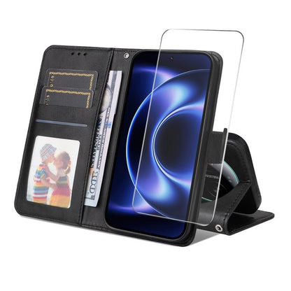 ENKAY Card Wallet Calf Texture Leather Phone Case with 0.18mm High Aluminum-silicon Glass Film, For Xiaomi 18 Pro Max 5G, For Xiaomi 18 Pro 5G, For Xiaomi 17T Pro, For Xiaomi 17T, For Xiaomi Poco X8 Pro Max 5G, For Xiaomi Poco X8 Pro 5G                ...