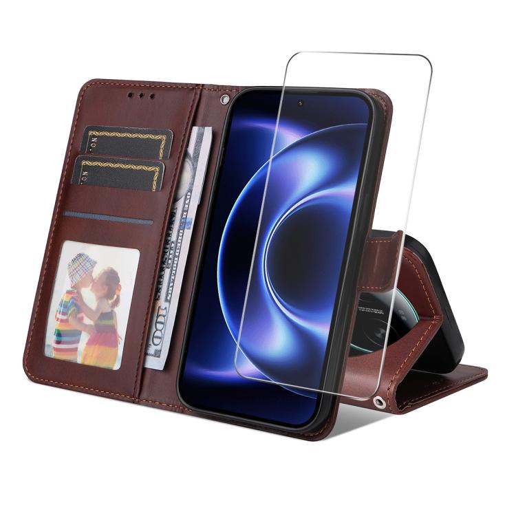 ENKAY Card Wallet Calf Texture Leather Phone Case with 0.18mm High Aluminum-silicon Glass Film, For Xiaomi 18 Pro Max 5G, For Xiaomi 18 Pro 5G, For Xiaomi 17T Pro, For Xiaomi 17T, For Xiaomi Poco X8 Pro Max 5G, For Xiaomi Poco X8 Pro 5G                ...