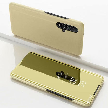 Gold flip leather phone case with horizontal mirror window and camera cutouts