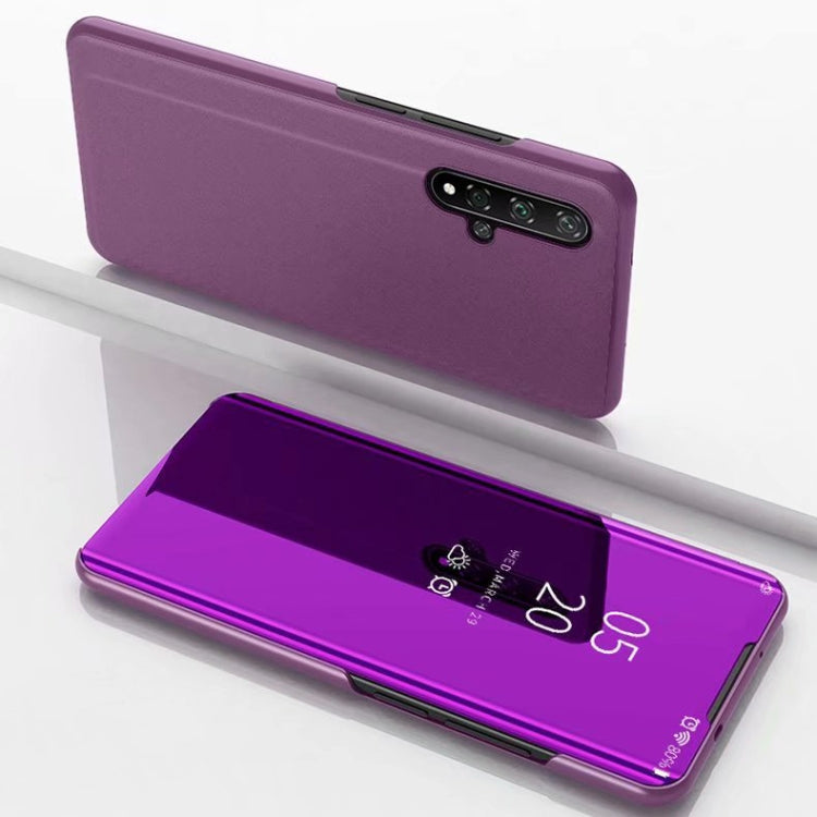 Purple mirror flip leather case with holder, closed and mirror-flip open.