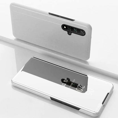 White flip leather phone case with horizontal mirror window and camera cutouts