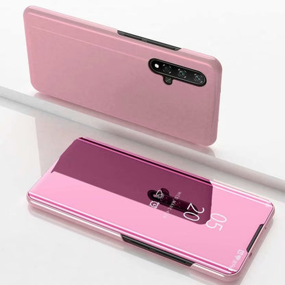 Pink flip leather phone case with horizontal mirror window and camera cutouts