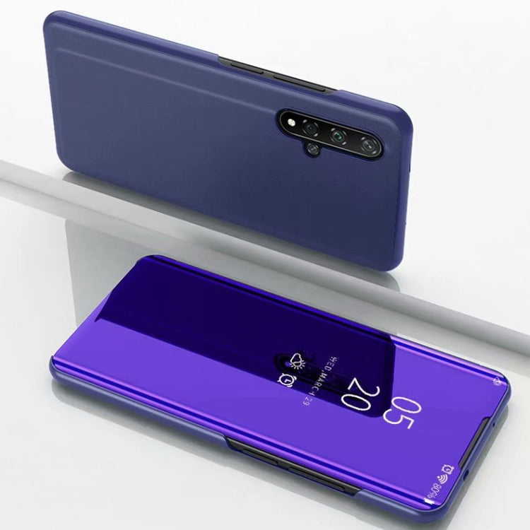 Violet blue mirror flip leather case with holder, shown closed and open.