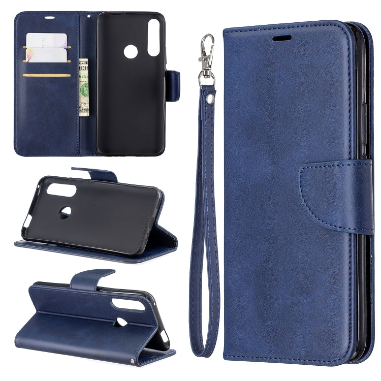 Blue PU leather flip phone case with card slots, holder, and lanyard strap