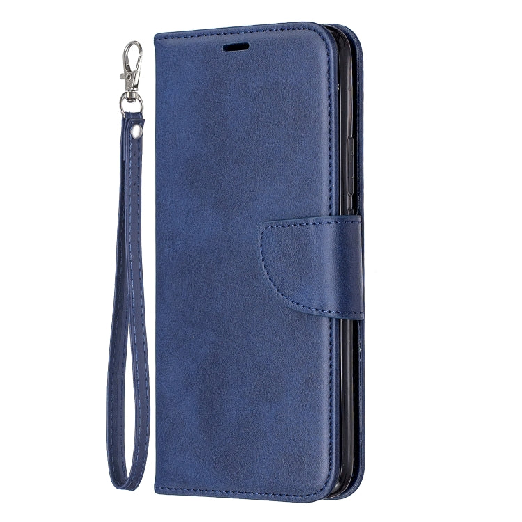 Blue PU leather flip phone case with front flap, card pocket, and lanyard