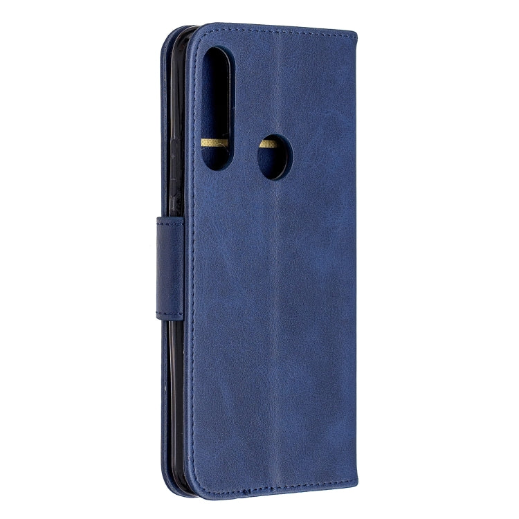Blue PU leather flip phone case with side button cutouts and lanyard loop