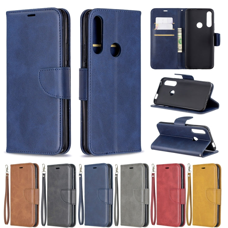 Assorted color PU leather flip phone cases with card slots and lanyard, blue shown