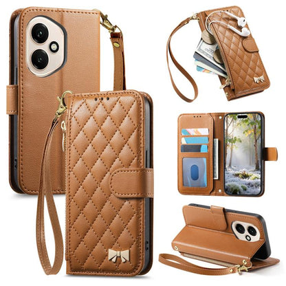 Brown rhombic-texture zipper wallet phone case with wrist strap and card slots