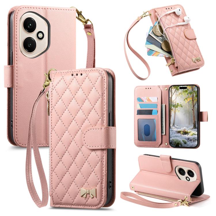 Light pink rhombic-texture zipper wallet phone case with wrist strap and card slots