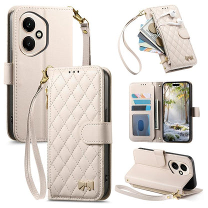Beige rhombic-texture zipper wallet phone case with wrist strap and card slots
