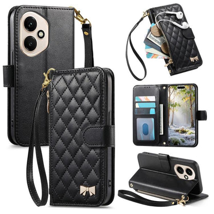 Black rhombic-texture zipper wallet phone case with wrist strap and card slots