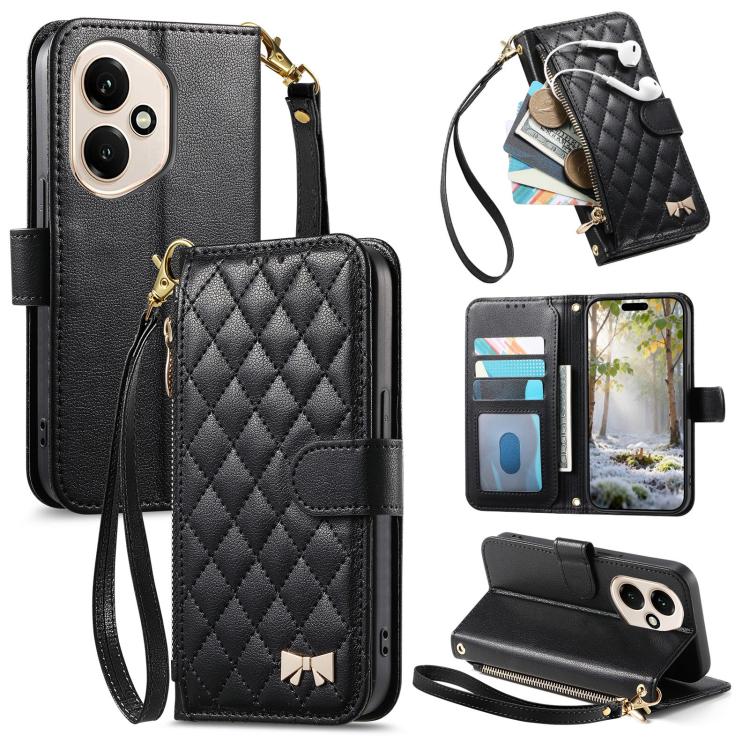 Black rhombic-texture zipper wallet phone case with wrist strap and card slots