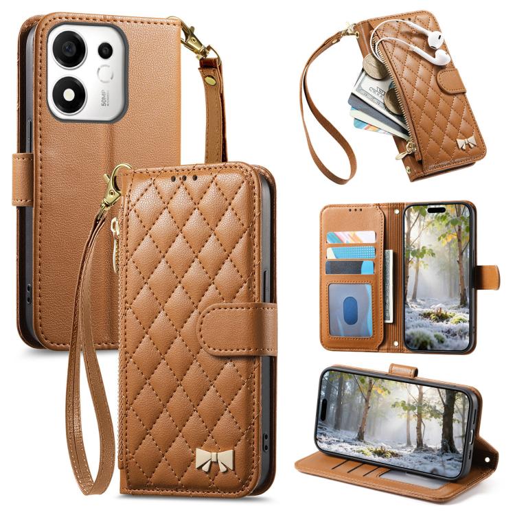 Brown quilted rhombus wallet phone case with zipper, card slots, and wrist strap
