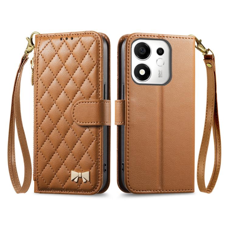 Brown quilted rhombus wallet phone case with wrist strap, magnetic flap and camera cutout