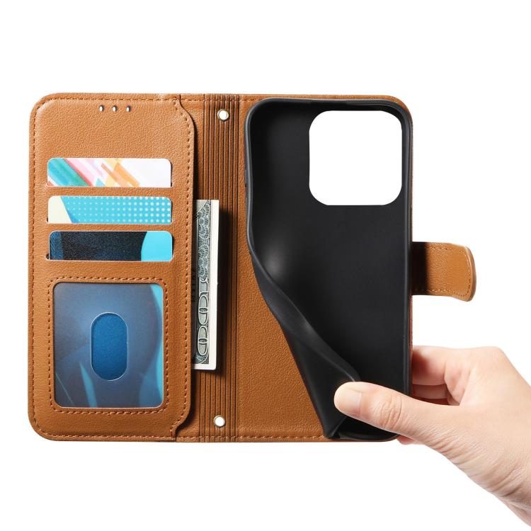 Tan wallet phone case interior with card slots, window pocket, and flip-cover