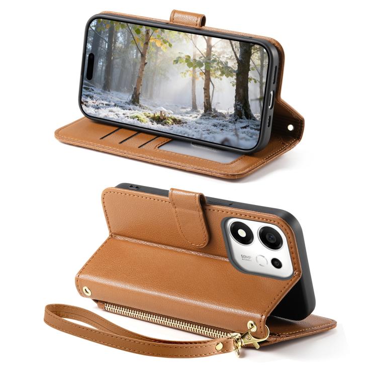 Tan wallet phone case with folio stand, zipper pocket, and wrist strap