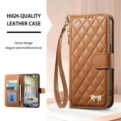 Brown quilted wallet phone case with zipper pouch, card slot pocket, and wrist strap