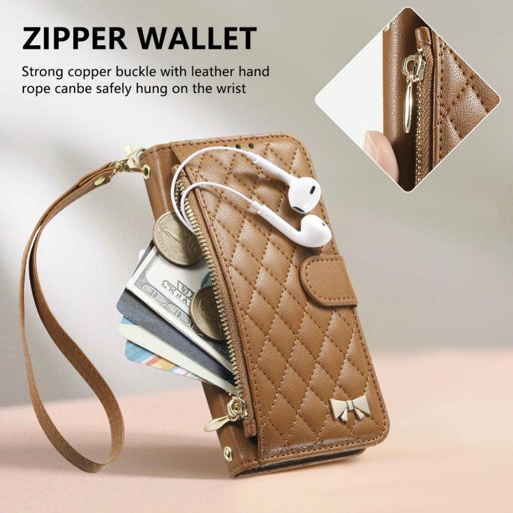 Brown zip wallet phone case with quilted pattern and wrist strap, top zipper closure