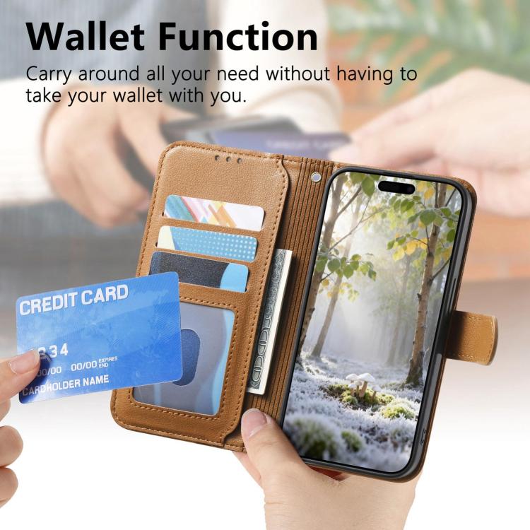 Tan wallet phone case open to card compartments, with hand holding a phone