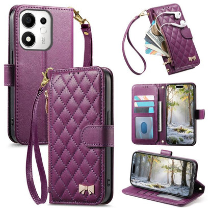 Purple quilted rhombus wallet phone case with zipper pouch, card slots, and wrist strap