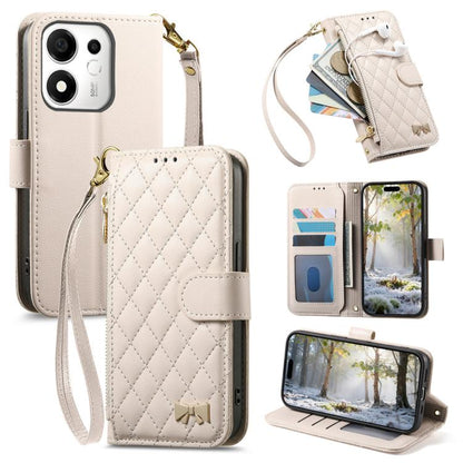 Beige rhombic zipper wallet phone case with strap and quilted front