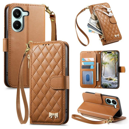 Brown rhombic zipper wallet phone case with strap and quilted diamond pattern