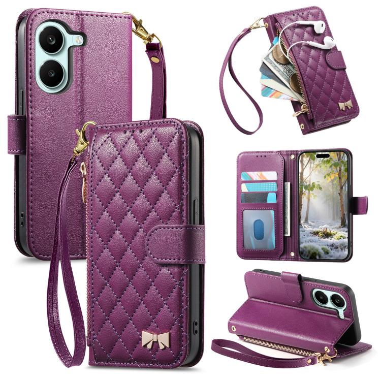 Purple rhombic zipper wallet phone case with strap and quilted diamond front