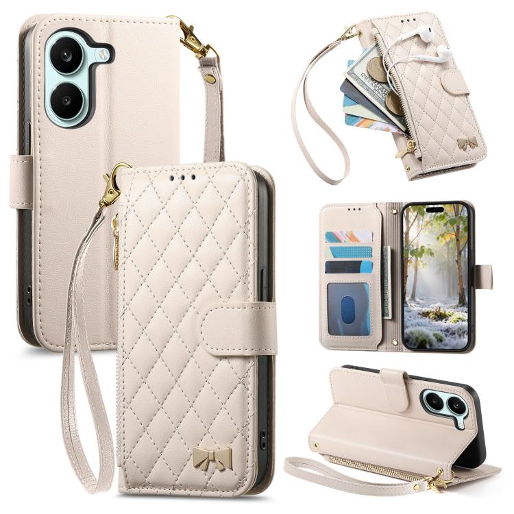 Beige rhombic zipper wallet phone case with strap and quilted diamond front